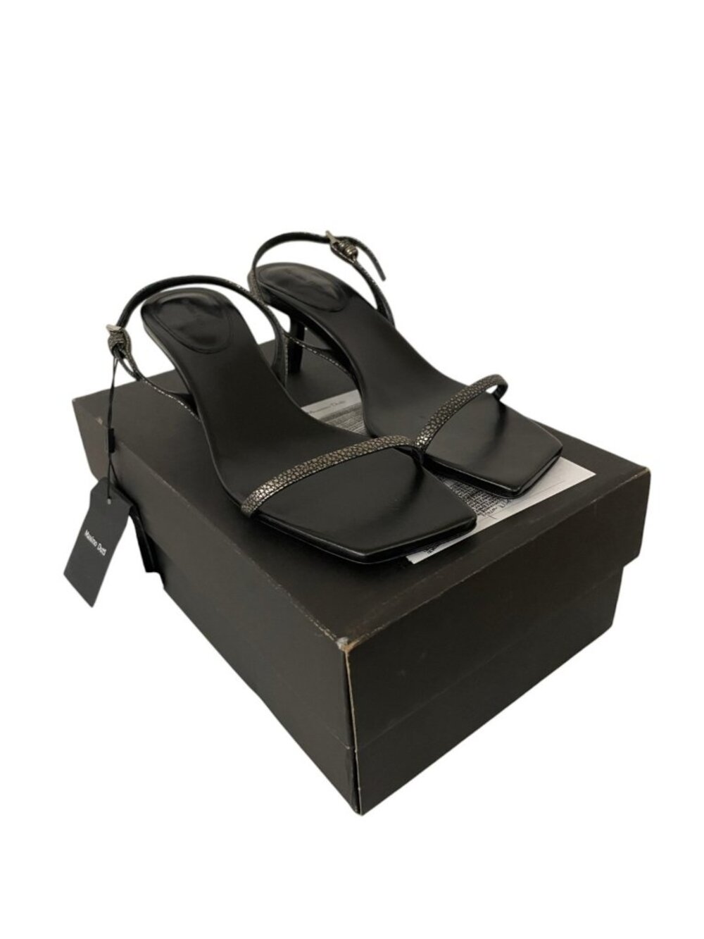 Massimo Dutti Womens Sandals EU 38 US 7.5 Black Leather Metallic Slingback NIB
